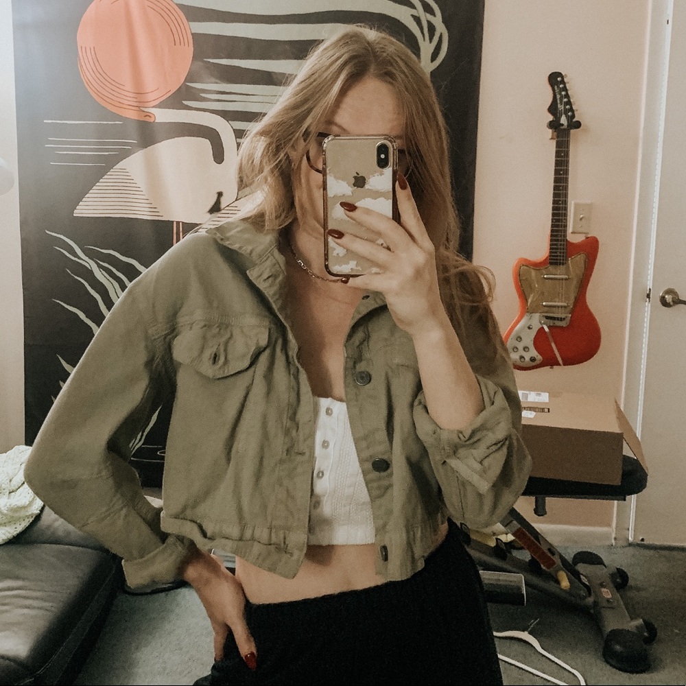 GRLFRND olive green cropped denim jacket